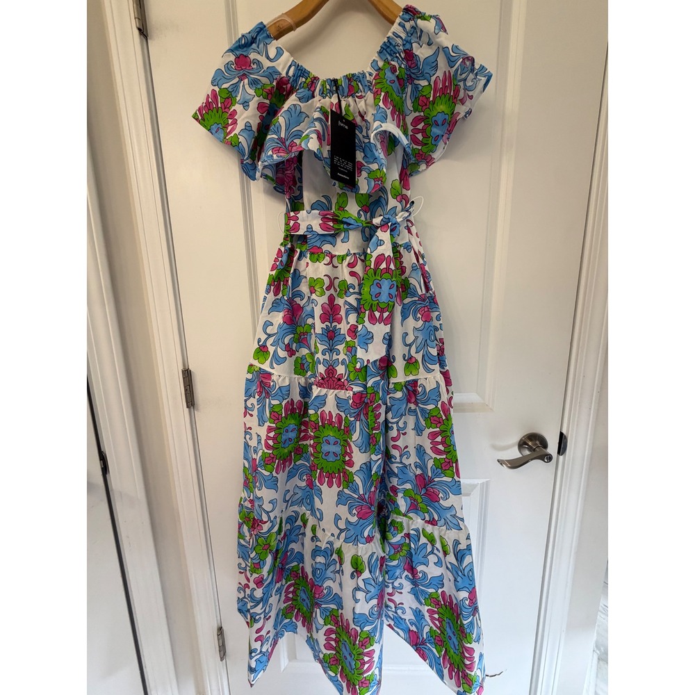 Fame Parma Floral Paisley Off-Shoulder Tiered Maxi Dress Blue Pink Green Small